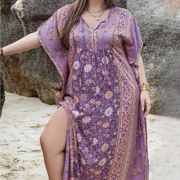 Boho Floral Print Slit Batwing Sleeve Kimono Dress - Picture 6 of 7